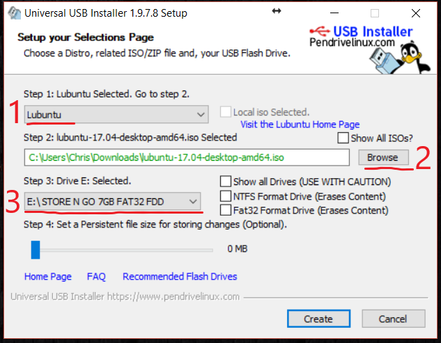 1. Select Lubuntu in dropdown. 2. Browse for ISO. 3. Select flashdrive